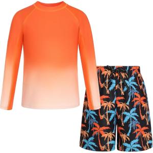 GRACE KARIN Boys Rash Guard Swim Set Two Piece Long Sleeve Bathing Suit Boy Swimsuit 6-13Y(Orange)