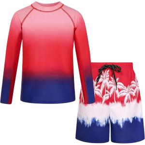 GRACE KARIN Boys Rash Guard Swim Set Two Piece Long Sleeve Bathing Suit Boy Swimsuit 6-13Y(Red)