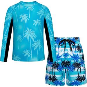 GRACE KARIN Boys Rash Guard Swim Set Two Piece Long Sleeve Bathing Suit Boy Swimsuit 6-13Y(Teal)