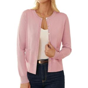 GRACE KARIN Cardigan Sweaters for Women Fall Fashion Crew Neck Button up Cardigan Long Sleeve Lightweight Cardigans 2025(Pink)