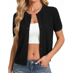 GRACE KARIN Cardigan Sweaters for Women, Short Sleeve Sweater Trendy, Lightweight Crewneck Crochet Top Shrugs Clothes(Black)