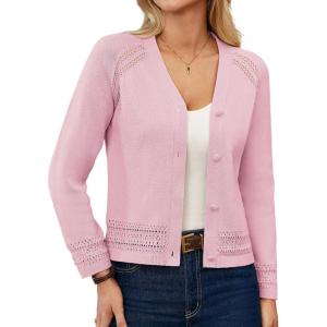 GRACE KARIN Cotton Cropped Cardigan Sweater for Women Lightweight V neck Button Up Sweater Spring Summer Fashion Clothes 2026(Pink)