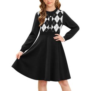 GRACE KARIN Girls Argyle Knit Sweater Dress Long Sleeve Fall Winter Christmas Dresses 6-14​Y(Black)