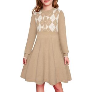 GRACE KARIN Girls Argyle Knit Sweater Dress Long Sleeve Fall Winter Christmas Dresses 6-14​Y(Brown)