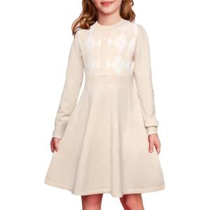 GRACE KARIN Girls Argyle Knit Sweater Dress Long Sleeve Fall Winter Christmas Dresses 6-14​Y(Cream)