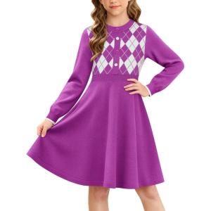 GRACE KARIN Girls Argyle Knit Sweater Dress Long Sleeve Fall Winter Christmas Dresses 6-14​Y(Dark Purple)