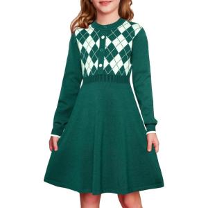 GRACE KARIN Girls Argyle Knit Sweater Dress Long Sleeve Fall Winter Christmas Dresses 6-14​Y(Green)