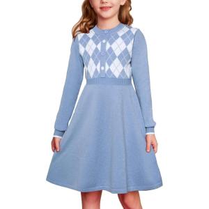 GRACE KARIN Girls Argyle Knit Sweater Dress Long Sleeve Fall Winter Christmas Dresses 6-14​Y(Light Blue)