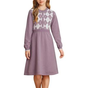 GRACE KARIN Girls Argyle Knit Sweater Dress Long Sleeve Fall Winter Christmas Dresses 6-14​Y(Purple)