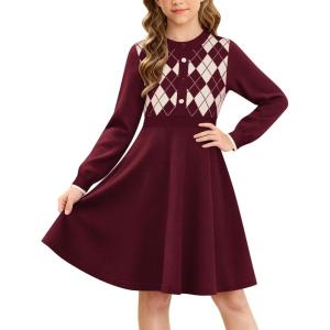 GRACE KARIN Girls Argyle Knit Sweater Dress Long Sleeve Fall Winter Christmas Dresses 6-14​Y(Red)