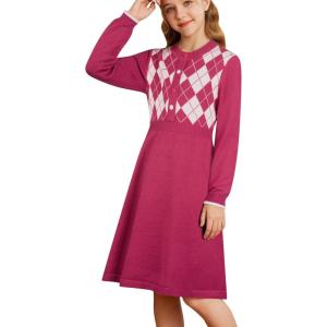 GRACE KARIN Girls Argyle Knit Sweater Dress Long Sleeve Fall Winter Christmas Dresses 6-14​Y(Rose Red)