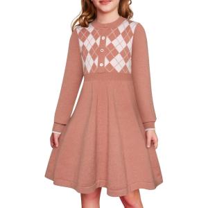 GRACE KARIN Girls Argyle Knit Sweater Dress Long Sleeve Fall Winter Christmas Dresses 6-14​Y(Rust Red)