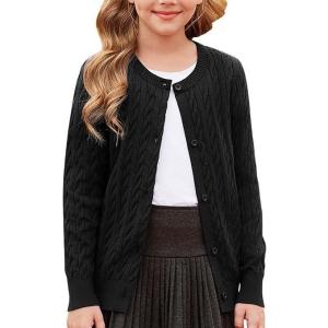 GRACE KARIN Girls Cardigan Button Front Cable Knitted School Uniform Sweater for 6-12 Years(Black)