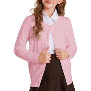 GRACE KARIN Girls Cardigan Button Front Cable Knitted School Uniform Sweater for 6-12 Years(Pink)