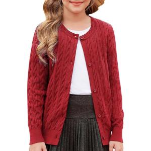 GRACE KARIN Girls Cardigan Button Front Cable Knitted School Uniform Sweater for 6-12 Years(Red)