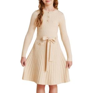GRACE KARIN Girls Dress Fall Winter Sweater Long Sleeve Cable Knit Button Casual Dresses for Teen Girl 6-14Y(Apricot)