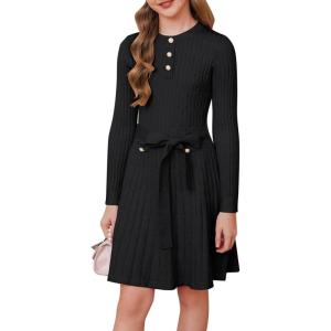 GRACE KARIN Girls Dress Fall Winter Sweater Long Sleeve Cable Knit Button Casual Dresses for Teen Girl 6-14Y(Black)