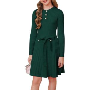 GRACE KARIN Girls Dress Fall Winter Sweater Long Sleeve Cable Knit Button Casual Dresses for Teen Girl 6-14Y(Dark Green)