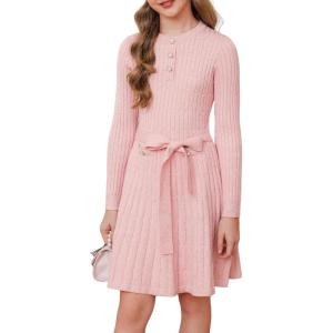 GRACE KARIN Girls Dress Fall Winter Sweater Long Sleeve Cable Knit Button Casual Dresses for Teen Girl 6-14Y(Pink)