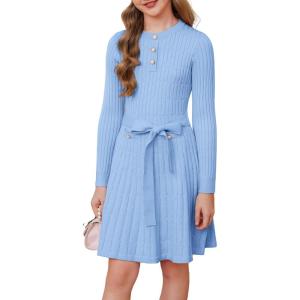 GRACE KARIN Girls Dress Fall Winter Sweater Long Sleeve Cable Knit Button Casual Dresses for Teen Girl 6-14Y(Sky Blue)