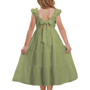 GRACE KARIN Girls Dress Summer Tie Back Party Dress Ruffle Sleeve Smoke Tiered Special Occasions Maxi Tween Dresses Size 5-14(Army Green)