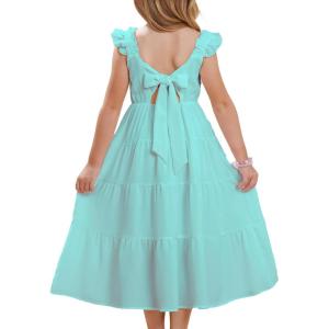 GRACE KARIN Girls Dress Summer Tie Back Party Dress Ruffle Sleeve Smoke Tiered Special Occasions Maxi Tween Dresses Size 5-14(Green Blue)
