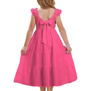 GRACE KARIN Girls Dress Summer Tie Back Party Dress Ruffle Sleeve Smoke Tiered Special Occasions Maxi Tween Dresses Size 5-14(Hot Pink)