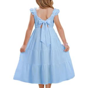 GRACE KARIN Girls Dress Summer Tie Back Party Dress Ruffle Sleeve Smoke Tiered Special Occasions Maxi Tween Dresses Size 5-14(Light Blue)
