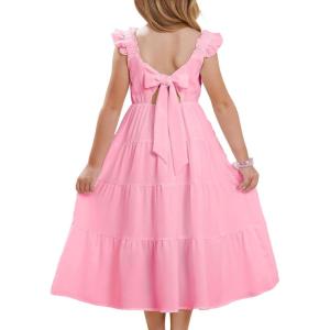 GRACE KARIN Girls Dress Summer Tie Back Party Dress Ruffle Sleeve Smoke Tiered Special Occasions Maxi Tween Dresses Size 5-14(Pink)