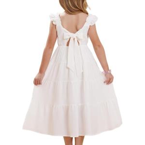 GRACE KARIN Girls Dress Summer Tie Back Party Dress Ruffle Sleeve Smoke Tiered Special Occasions Maxi Tween Dresses Size 5-14(White)
