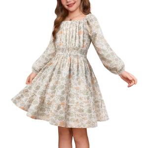 GRACE KARIN Girls Fall Dress Floral Long Sleeve Midi with Smocked Waist for Holiday Party 6-14Y(Amber Apricot)