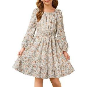 GRACE KARIN Girls Fall Dress Floral Long Sleeve Midi with Smocked Waist for Holiday Party 6-14Y(Apricot)