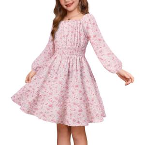 GRACE KARIN Girls Fall Dress Floral Long Sleeve Midi with Smocked Waist for Holiday Party 6-14Y(Blush Bloom)
