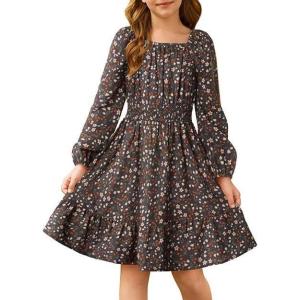 GRACE KARIN Girls Fall Dress Floral Long Sleeve Midi with Smocked Waist for Holiday Party 6-14Y(Brown)