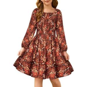 GRACE KARIN Girls Fall Dress Floral Long Sleeve Midi with Smocked Waist for Holiday Party 6-14Y(Brown With Bold Floral)
