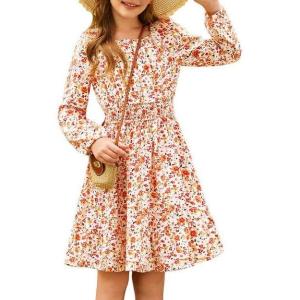 GRACE KARIN Girls Fall Dress Floral Long Sleeve Midi with Smocked Waist for Holiday Party 6-14Y(Burnt Orange Flower)