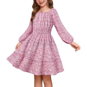 GRACE KARIN Girls Fall Dress Floral Long Sleeve Midi with Smocked Waist for Holiday Party 6-14Y(Dusty Rose)