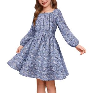 GRACE KARIN Girls Fall Dress Floral Long Sleeve Midi with Smocked Waist for Holiday Party 6-14Y(Midnight Bloom)