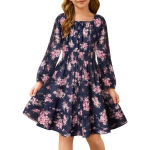GRACE KARIN Girls Fall Dress Floral Long Sleeve Midi with Smocked Waist for Holiday Party 6-14Y(Navy Blue Flower)