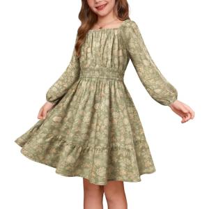 GRACE KARIN Girls Fall Dress Floral Long Sleeve Midi with Smocked Waist for Holiday Party 6-14Y(Peachy Sage Floral)