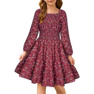 GRACE KARIN Girls Fall Dress Floral Long Sleeve Midi with Smocked Waist for Holiday Party 6-14Y(Red Floral Print)