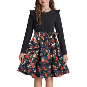 GRACE KARIN Girls Fall Long Sleeve Dresses Girl Floral Midi Dress Kids Casual Holiday Dresses with Belt Size 6-13(Black Floral)