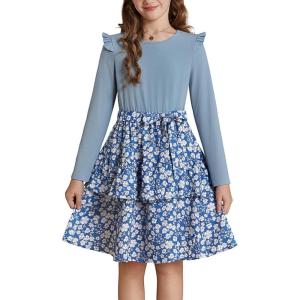 GRACE KARIN Girls Fall Long Sleeve Dresses Girl Floral Midi Dress Kids Casual Holiday Dresses with Belt Size 6-13(Blue Floral)