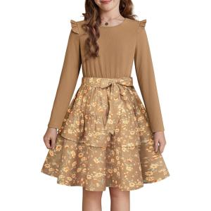 GRACE KARIN Girls Fall Long Sleeve Dresses Girl Floral Midi Dress Kids Casual Holiday Dresses with Belt Size 6-13(Brown Floral)