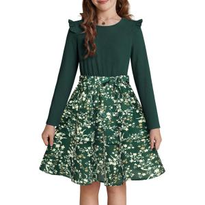 GRACE KARIN Girls Fall Long Sleeve Dresses Girl Floral Midi Dress Kids Casual Holiday Dresses with Belt Size 6-13(Emerald Green Floral)