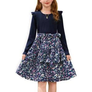 GRACE KARIN Girls Fall Long Sleeve Dresses Girl Floral Midi Dress Kids Casual Holiday Dresses with Belt Size 6-13(Navy Floral)