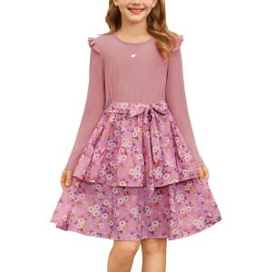 GRACE KARIN Girls Fall Long Sleeve Dresses Girl Floral Midi Dress Kids Casual Holiday Dresses with Belt Size 6-13(Pink Floral)