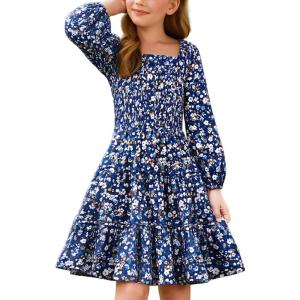 GRACE KARIN Girls Fall Long Sleeve Floral Square Neck Smock Tiered Casual Holiday Teen Dress Size 5-14(Blue Orange Floral)
