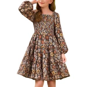 GRACE KARIN Girls Fall Long Sleeve Floral Square Neck Smock Tiered Casual Holiday Teen Dress Size 5-14(Brown Floral)