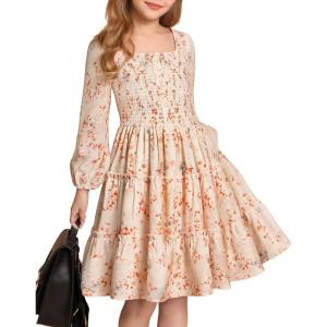GRACE KARIN Girls Fall Long Sleeve Floral Square Neck Smock Tiered Casual Holiday Teen Dress Size 5-14(Cream Orange Floral)
